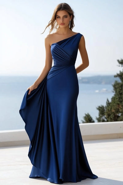 Navy Satin One Shoulder Mermaid Maxi Formal Dress