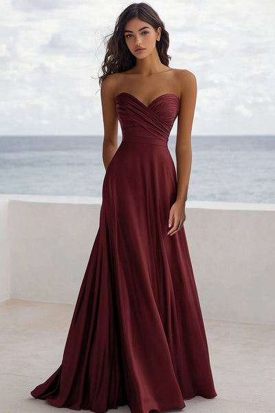 Burgundy A Line Satin Sweetheart Maxi Formal Dress