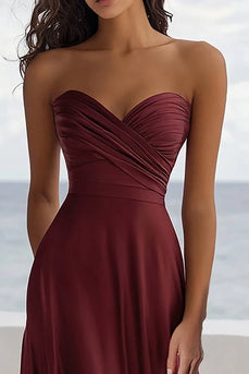 Burgundy A Line Satin Sweetheart Maxi Formal Dress
