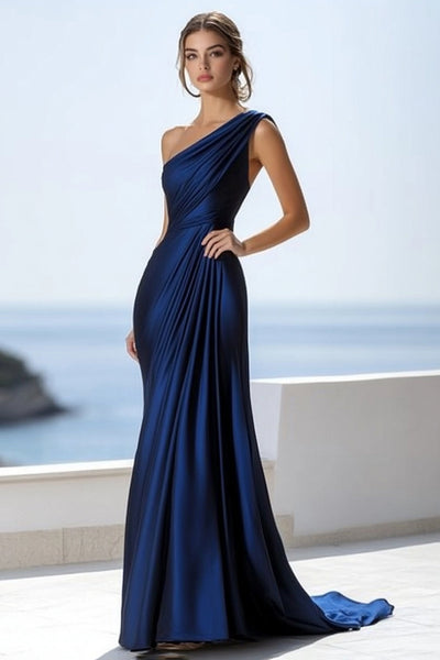 Navy Mermaid Ruched Satin One Shoulder Maxi  Formal Dress
