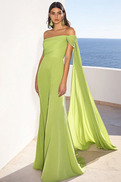 Lemon Green Sheath Maxi Formal Dress with Cape