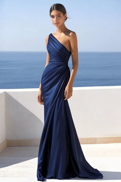 Navy One Shoulder Satin Ruched Mermaid Maxi Formal Dress