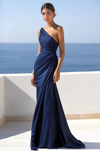 Navy One Shoulder Satin Ruched Mermaid Maxi Formal Dress