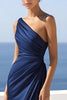 Load image into Gallery viewer, Navy One Shoulder Satin Ruched Mermaid Maxi Formal Dress