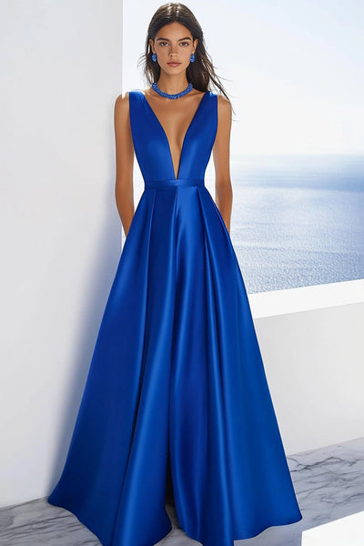Royal Blue Satin V-Neck A Line Maxi Formal Dress