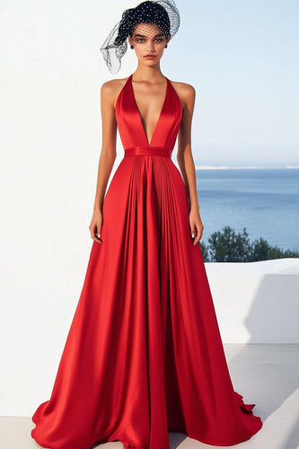 Red A Line Satin Halter Maxi Formal Dress