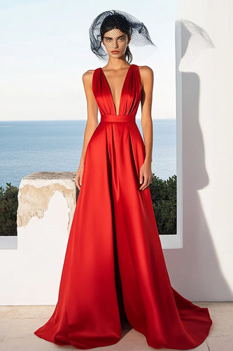 Red Satin A Line Deep V-Neck Maxi Formal Dress