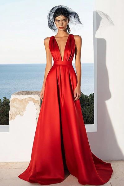 Red Satin A Line Deep V-Neck Maxi Formal Dress