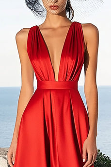 Red Satin A Line Deep V-Neck Maxi Formal Dress