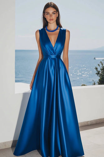 Royal Blue A Line V-Neck Maxi Satin Formal Dress
