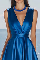 Load image into Gallery viewer, Royal Blue A Line V-Neck Maxi Satin Formal Dress