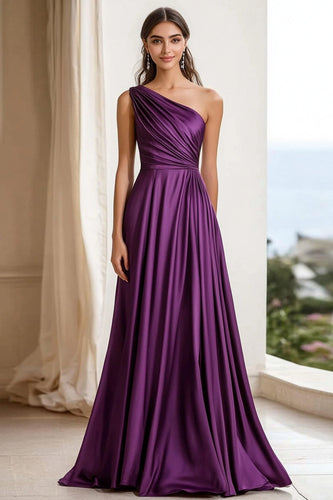 Elegant Plum One Shoulder Ruched Maxi Satin Formal Dress