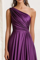 Load image into Gallery viewer, Elegant Plum One Shoulder Ruched Maxi Satin Formal Dress