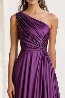 Elegant Plum One Shoulder Ruched Maxi Satin Formal Dress