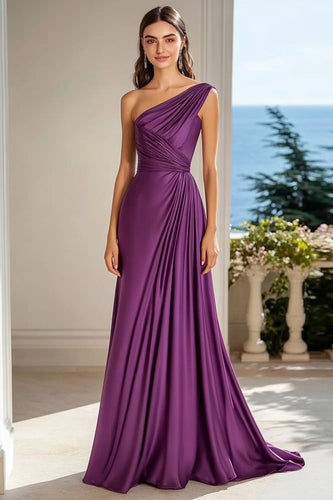 Plum A Line Satin One Shoulder Maxi Formal Dress