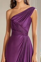 Load image into Gallery viewer, Plum A Line Satin One Shoulder Maxi Formal Dress