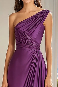 Plum A Line Satin One Shoulder Maxi Formal Dress