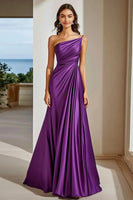 Load image into Gallery viewer, Plum One Shoulder Ruched Maxi Satin Formal Dress