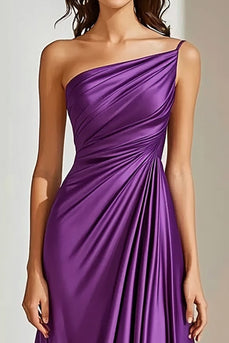 Plum One Shoulder Ruched Maxi Satin Formal Dress