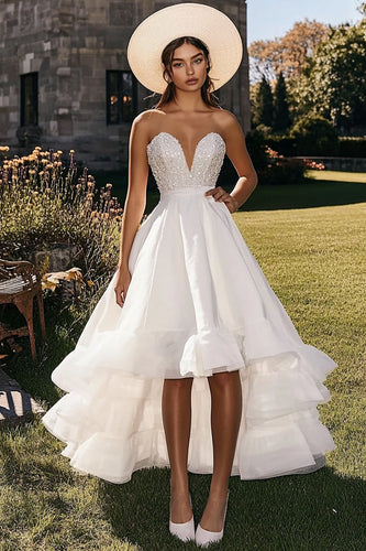 Sparkly White V-Neck High-Low Engagement Dress with Ruffles