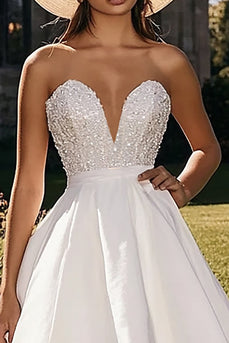 Sparkly White V-Neck High-Low Engagement Dress with Ruffles