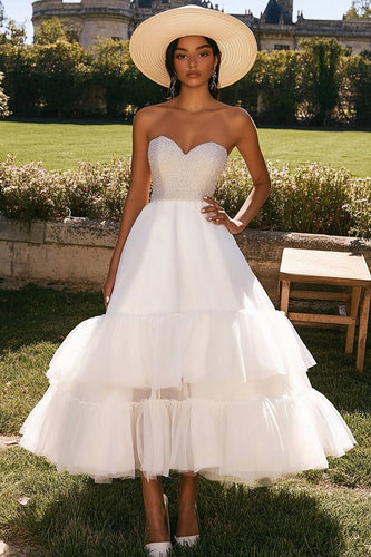 Sparkly White Tulle Beaded Maxi Engagement Dress with Ruffles
