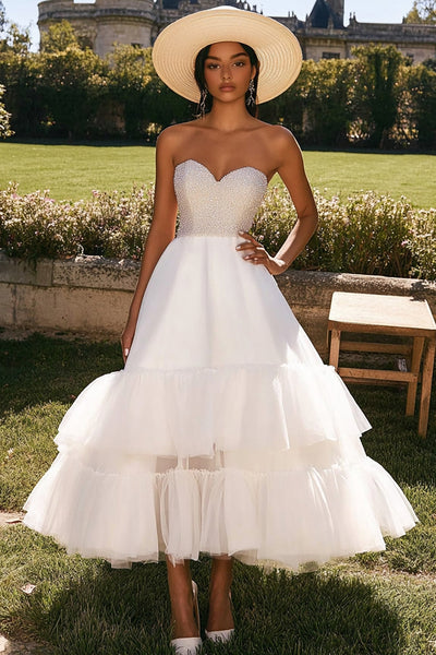 Sparkly White Tulle Beaded Maxi Engagement Dress with Ruffles