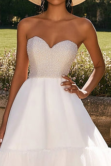 Sparkly White Tulle Beaded Maxi Engagement Dress with Ruffles