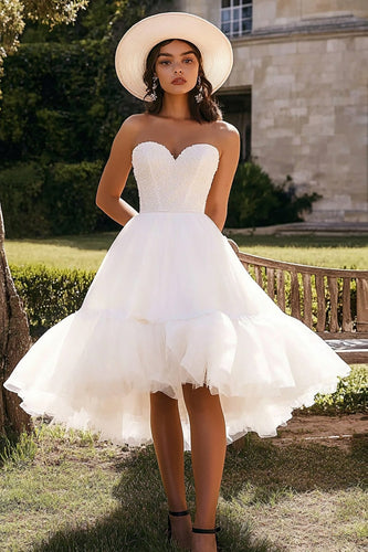 White Tulle A Line Straoless Engagement Dress with Ruffles