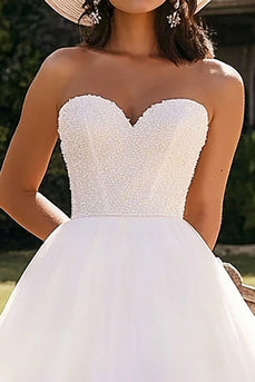 White Tulle A Line Straoless Engagement Dress with Ruffles