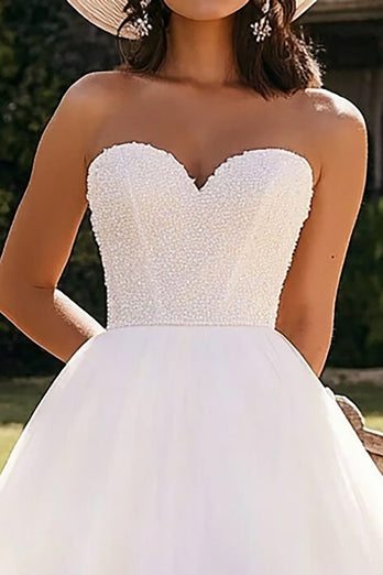 White Tulle A Line Straoless Engagement Dress with Ruffles