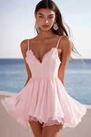 Load image into Gallery viewer, Pink Chiffon Corset V-Neck Mini Graduation Dress with Ruffles
