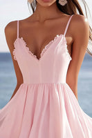 Load image into Gallery viewer, Pink Chiffon Corset V-Neck Mini Graduation Dress with Ruffles