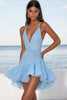 Load image into Gallery viewer, Sky Blue Spaghetti Straps Chiffon Ruffled Mini Graduation Dress