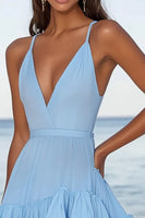 Load image into Gallery viewer, Sky Blue Spaghetti Straps Chiffon Ruffled Mini Graduation Dress