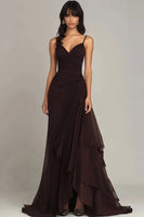 Load image into Gallery viewer, Dark Brown Spaghetti Straps Ruffled Long Chiffon Formal Dress