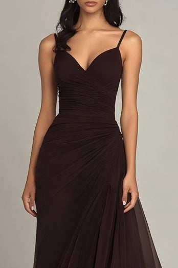 Dark Brown Spaghetti Straps Ruffled Long Chiffon Formal Dress