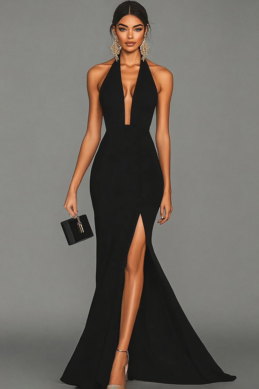 Black Mermaid Satin Halter Long Formal Dress with Slit