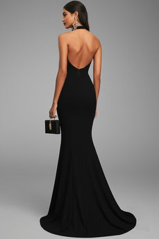 Black Mermaid Satin Halter Long Formal Dress with Slit