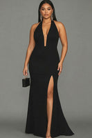 Load image into Gallery viewer, Plus Size Mermaid Black Satin Halter Long Formal Dress with Slit