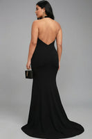 Load image into Gallery viewer, Plus Size Mermaid Black Satin Halter Long Formal Dress with Slit