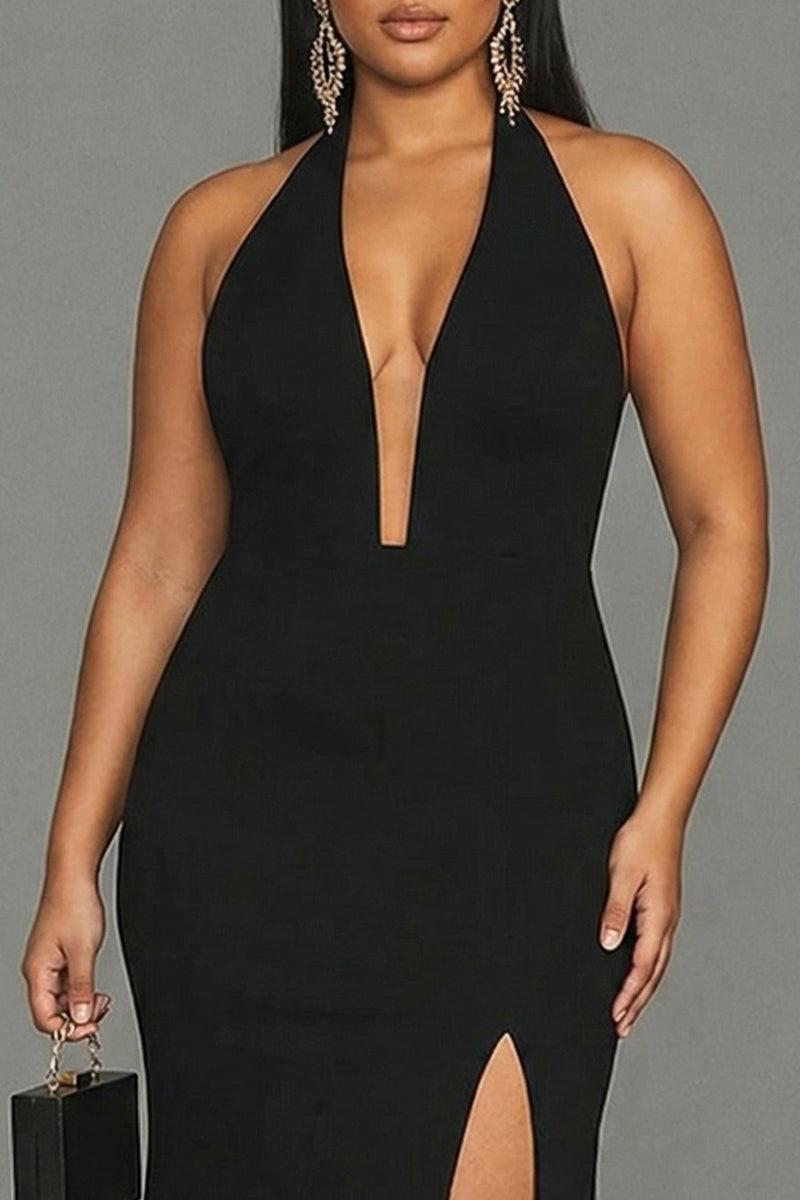 Load image into Gallery viewer, Plus Size Mermaid Black Satin Halter Long Formal Dress with Slit