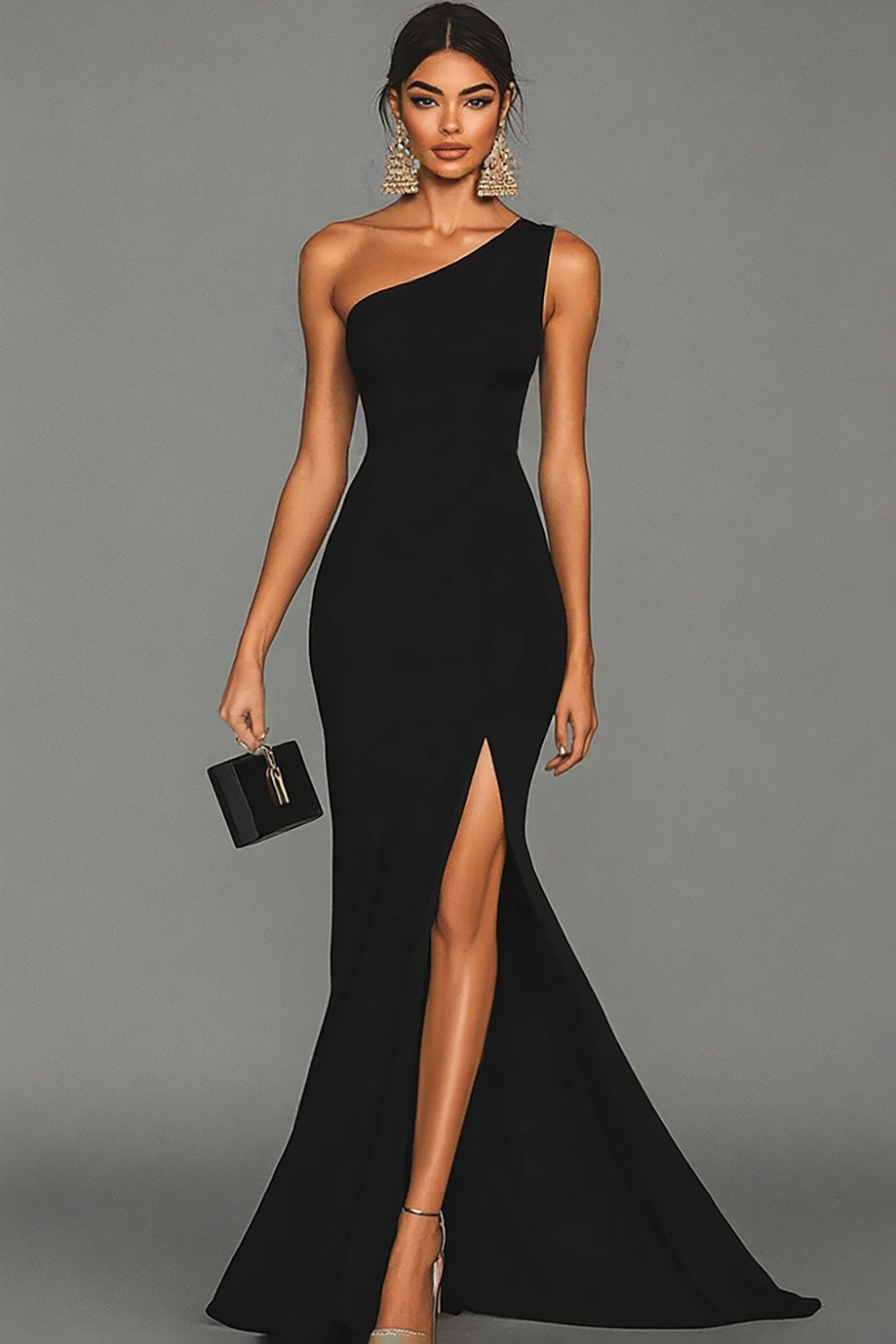 Black Mermaid One Shoulder Satin Long Formal Dress with Slit
