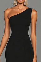 Load image into Gallery viewer, Black Mermaid One Shoulder Satin Long Formal Dress with Slit