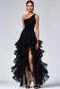 Load image into Gallery viewer, Black Organza One Shoulder High Low Formal Dress with Ruffles