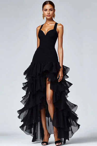 Black Organza Spaghetti Straps Ruffled Long Formal Dress