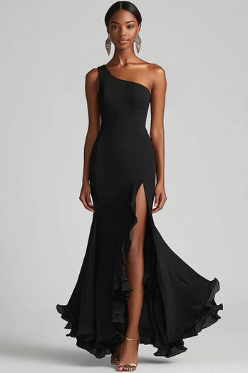 Ink Blue Mermaid Ruffled Chiffon Long Formal Dress with Slit