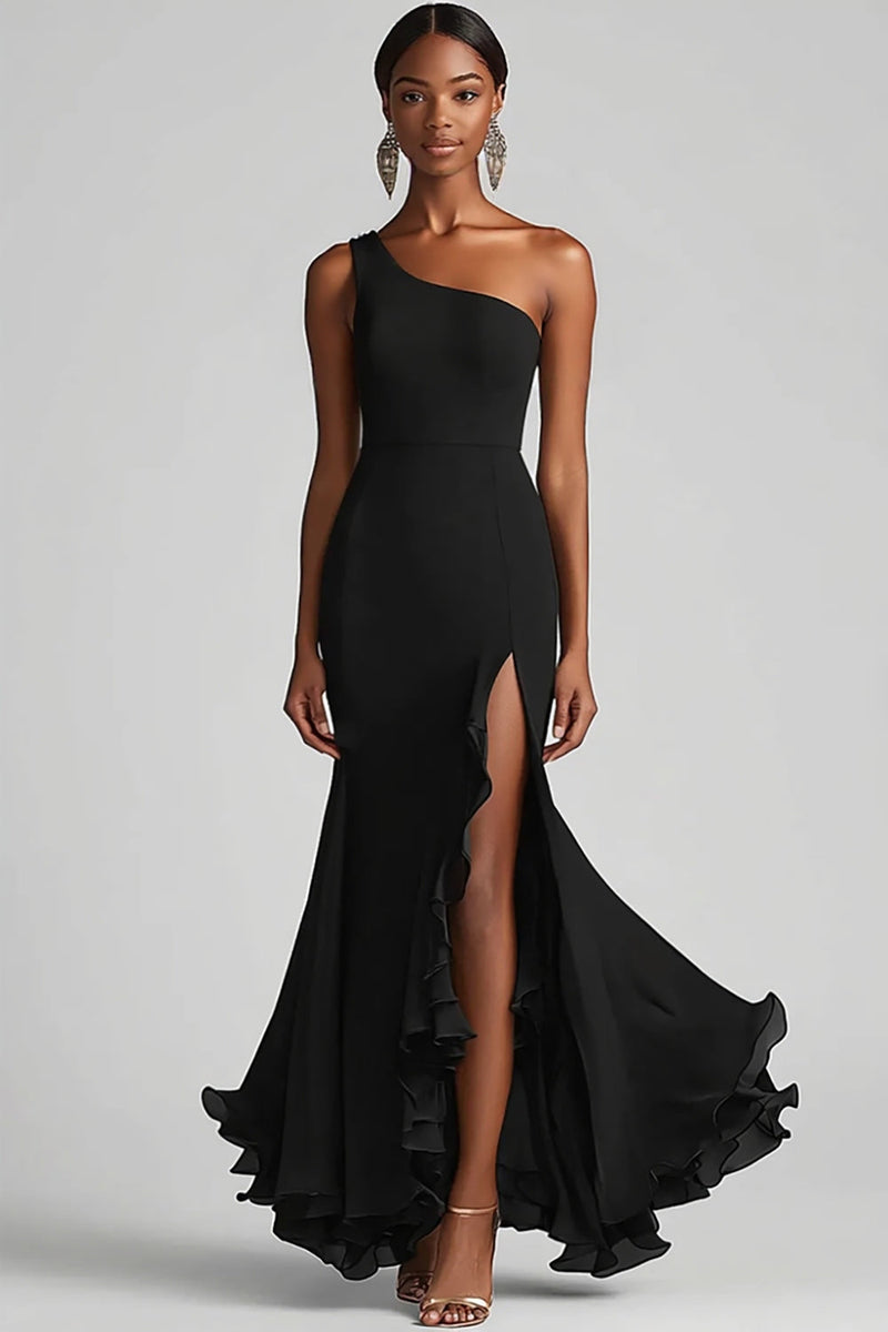 Load image into Gallery viewer, Ink Blue Mermaid Ruffled Chiffon Long Formal Dress with Slit