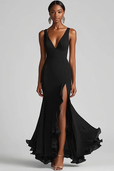 Black Chiffon Mermaid V Neck Long Formal Dress with Slit