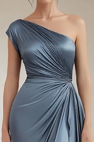 Load image into Gallery viewer, Grey Blue One Shoulder Sheath Long Formal Dress